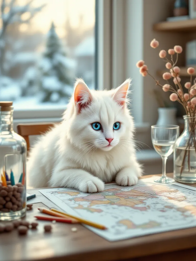 A white fluffy cat is sitting at the table and drawing a geographical map, there are colored pencils on the table,  there is a bottle of clear alcohol, a glass and a vase with chocolate pills, outside the window a sunny winter morning ,!high resolution,  r...