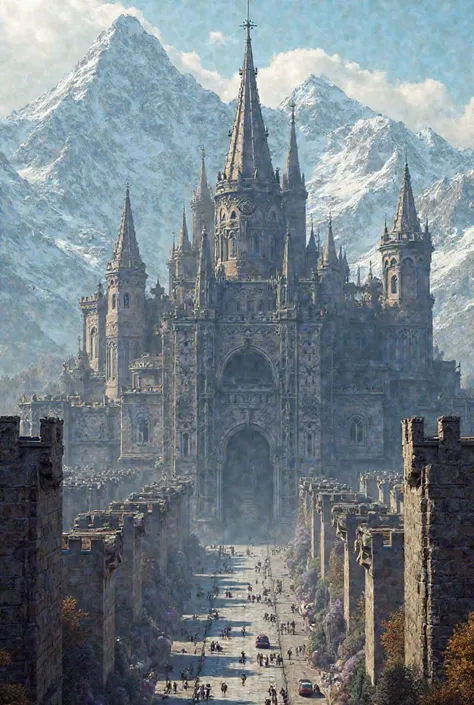 A futuristic medieval city, with large walls and a castle amidst snowy mountains 