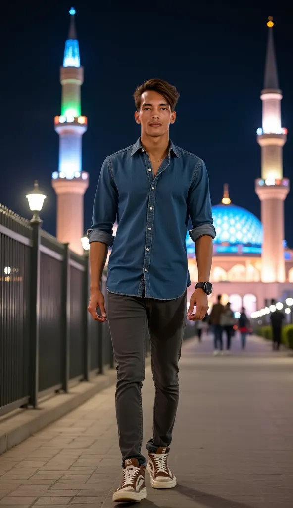 Full-length outdoor photo at night showing a full-length photo of a young man with tanned skin tone, facial details, skin texture, and straight hair styled with a side parting. ((wearing a long-sleeved button-down shirt in blue denim with light gray)), wea...