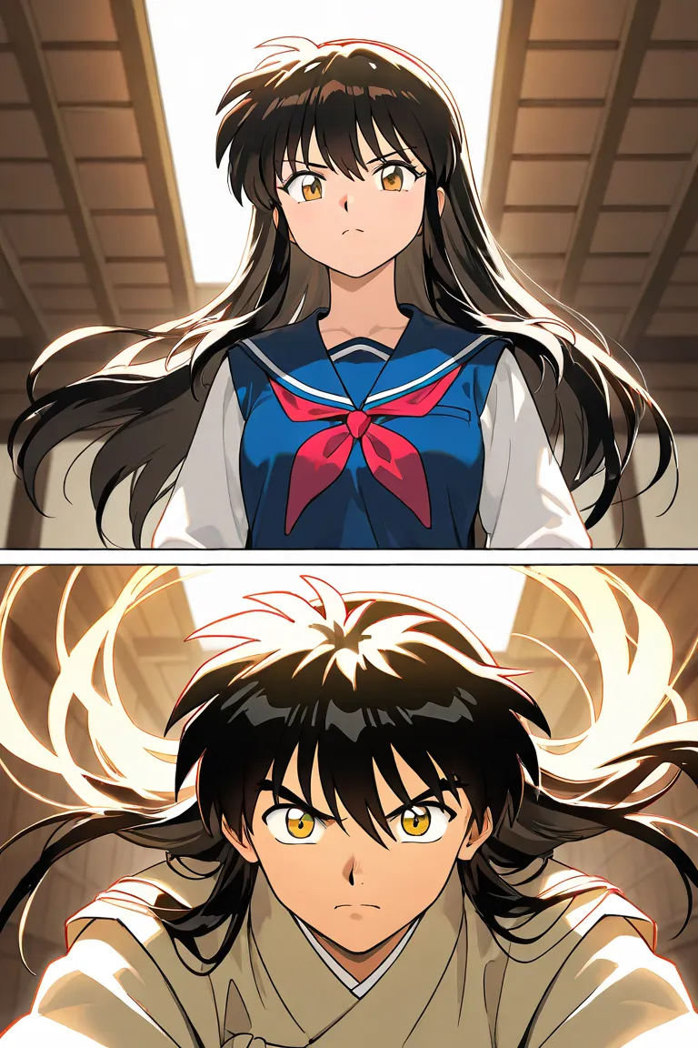 One boy. A tall handsome 18 years old boy with black short hair, light cold Golden eyes, wearing blue school uniform. The boy is confident. Serious. Inuyasha manga art style. 