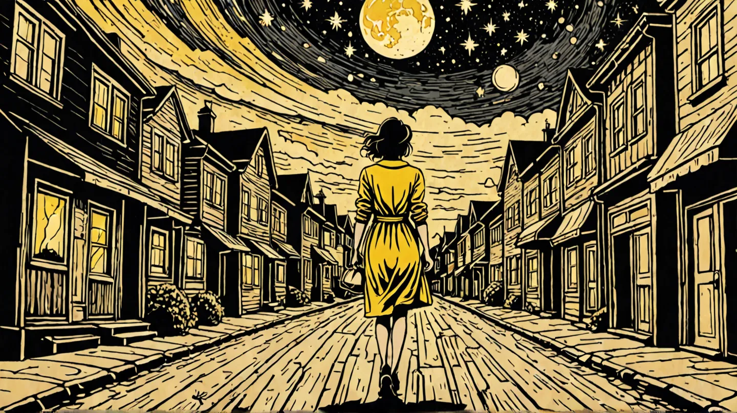 Create a rustic woodcut style image digital art surreal, using only black, beige and yellow colors. A WOMAN WALKING IN A STREET WITH A NIGHT SKY ABOVE HER.