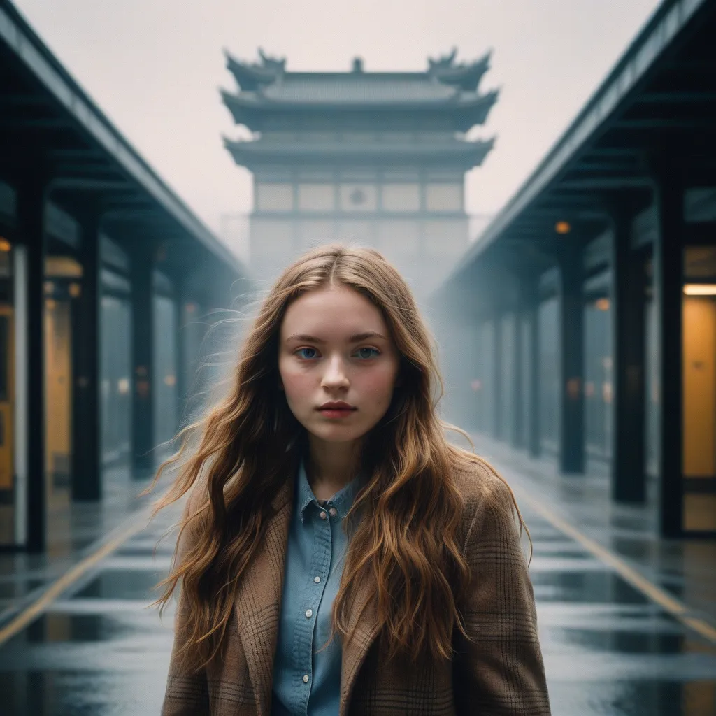 close-up headshot of ((ohwx woman)), ,a girl standing alone, corridor, unlit transit station,  dark night, film grain, depth of field, analog film style, vivid color, 1girl,  upper body,
(looking at  the viewer:1.2),
long hair, blond,   plaid skirt, fog, (...