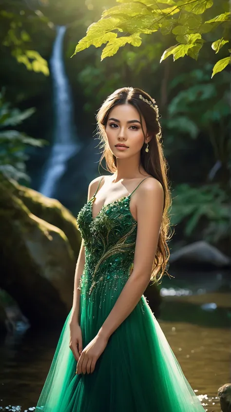 8K, ultra hd, masterpiece, ultra realistic, 1 girl, nice face, very long hair, detailed eyes, detailed lips, (big breasts:1.5) super round "wet body", 3D Floral Short Strapless Tulle Beaded Prom Dress  Elegant Green Mini, ((pink,red,blue ,black,green,meroo...