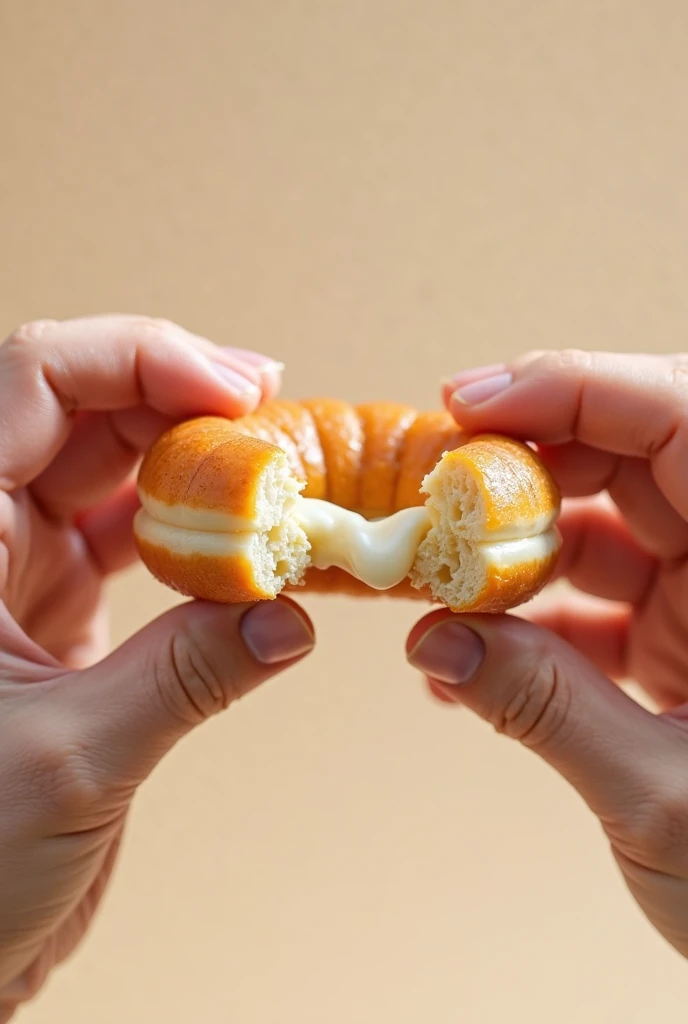 Tearing a doughnut by both hands point of view  and the cream comes out