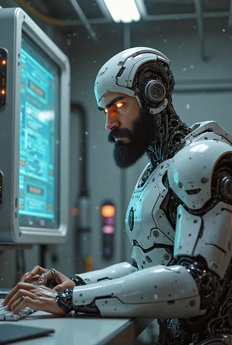 Ironman-style Latino male robot with beard writing on the computer 