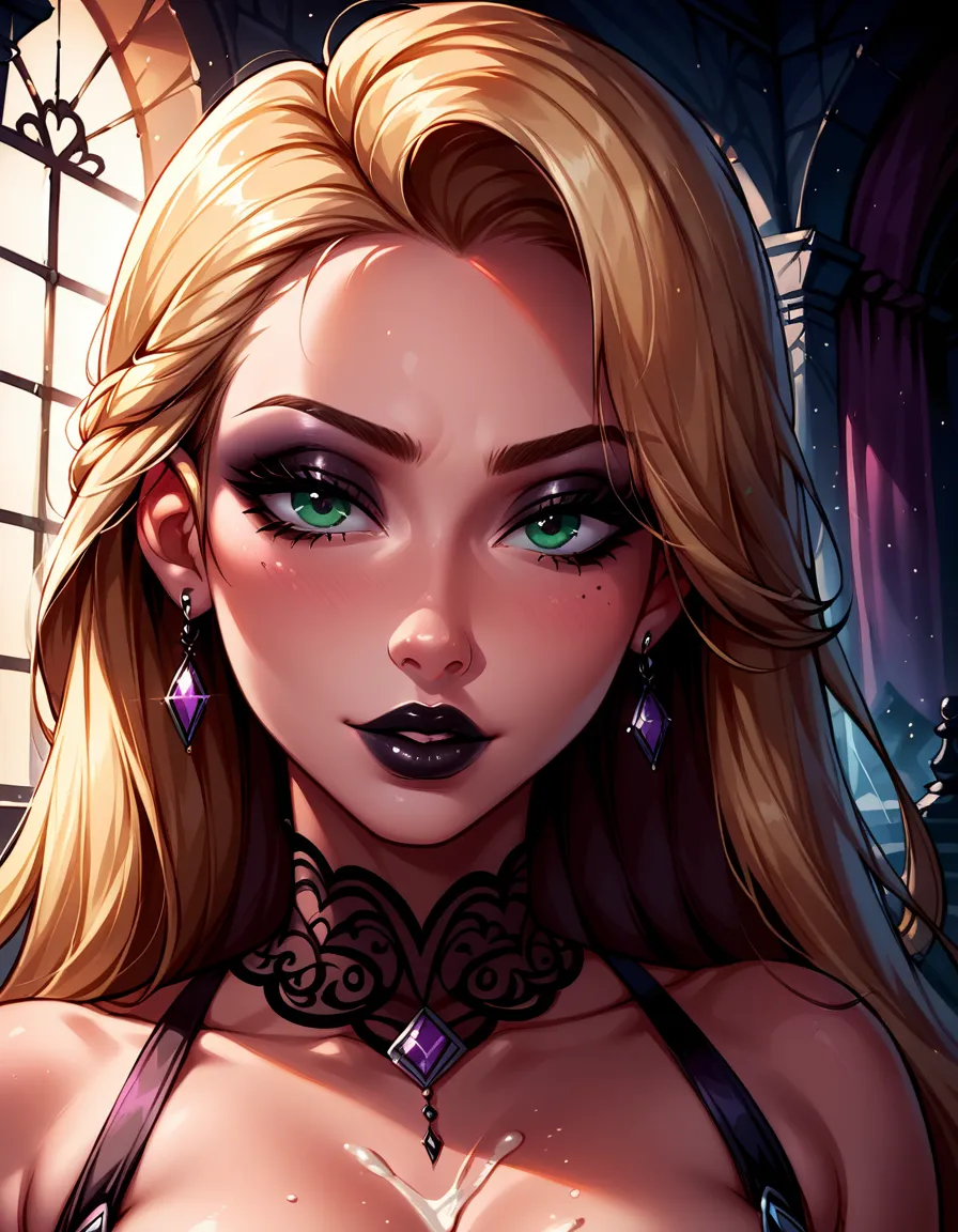 Dark Fantasy Art of score_9, score_8_up, score_7_up, rating_questionable, fantasy, lighting, epiCPhoto 1girl, very sexy Disney's Rapunzel, gothic, blonde, pink streaks, sexy black goth lingerie, solo, cute, flirt, gaze, sexy look, half-closed eyes, head ti...