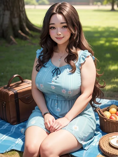 A short young woman with long wavy brown hair, has a little bit of a chubby figure, wearing short light blue flower patterned dress, is sitting on a picnic blanket, warm coy smile