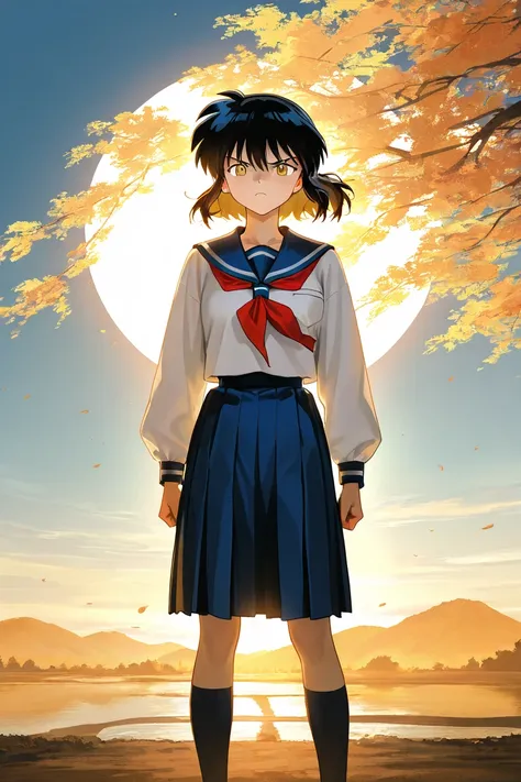 One boy. A tall handsome 18 years old boy with black short hair, light cold Golden eyes, wearing blue school uniform. The boy is confident. Serious. Inuyasha manga art style. 