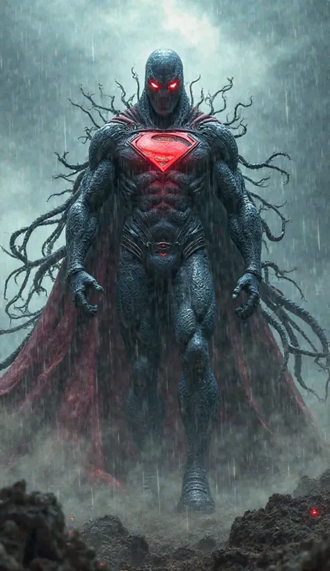 The ultimate hybrid figure stands tall in the stormy battlefield—a fusion of Knull and Superman. A towering figure with Superman’s Kryptonian musculature encased in Knull’s living symbiote armor, glowing red eyes beneath a shadowed helm, a flowing cape inf...