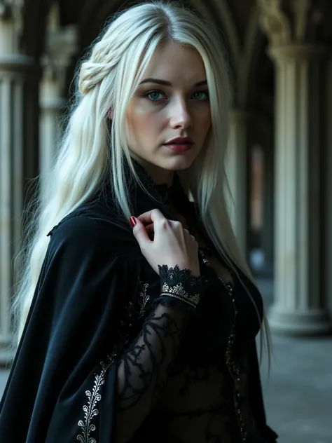  powerful and ethereal 18-year-old vampire goddess , full body portrait,   ultra-detailed platinum white hair that shines with a soft heavenly glow,   eyes hypnotic deep violets with subtle sheen  ,  symmetrical face with delicate and sharp features  (high...