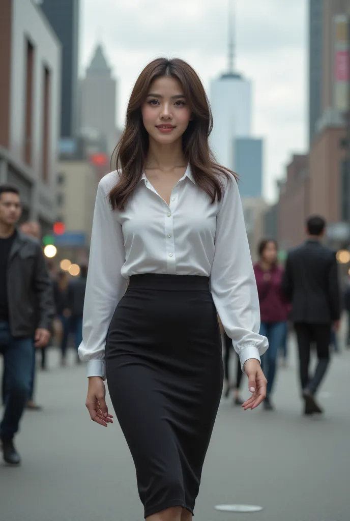 1qq . the beautiful women is walking in  the Metropolis skyline, , her full body on the street , (beautiful detailed face)(beautiful detailed eyes) she has a perfect athletic body , dressed in a fitted white blouse tucked into a high-waisted black pencil s...