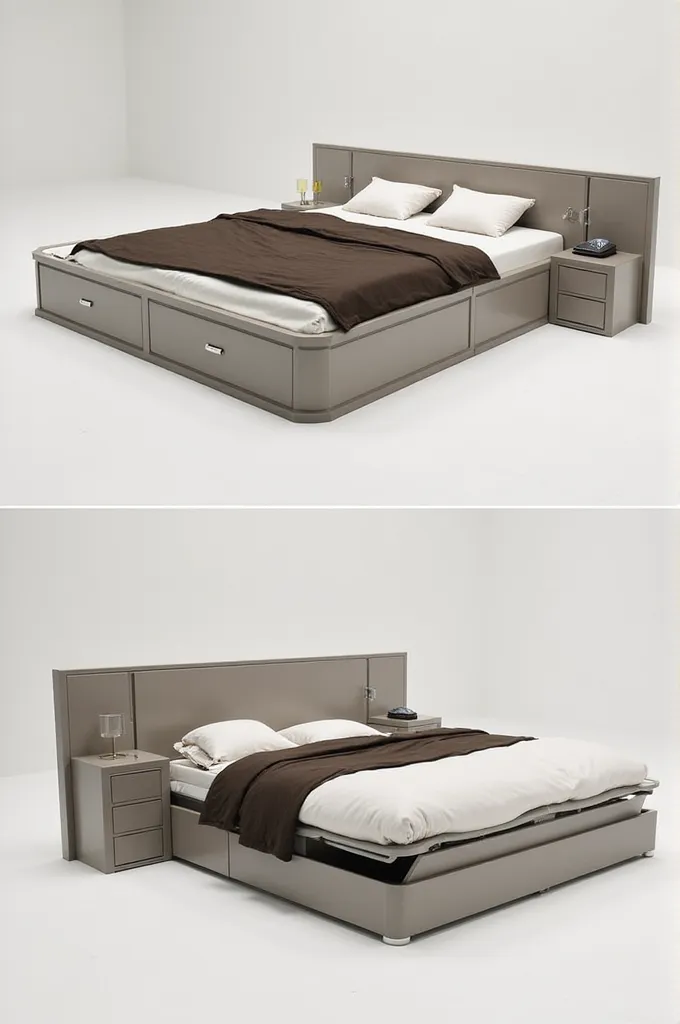 Bed with a large and small compartment, that can be folded to optimize spaces. It must be either a decent elegant bed or an architect's sketch
