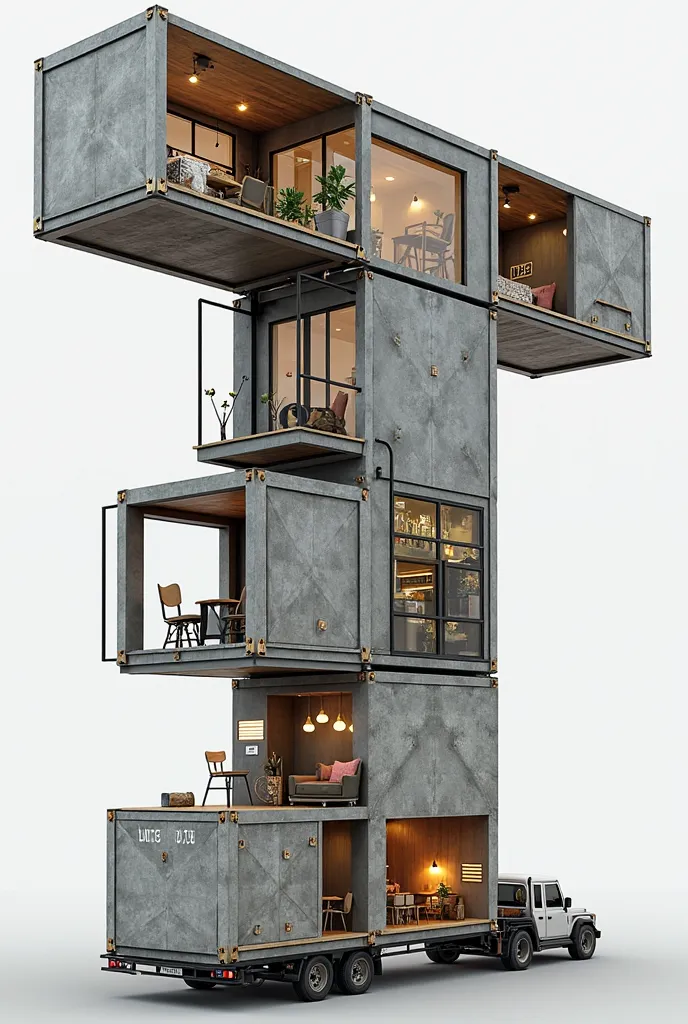 Here is a description ready to copy and paste:

**"Draw a mobile building in the shape of a 'T', composed of trailers and containers. The structure must be mounted on a cargo vehicle to be transportable. Each section of the building has a specific function...