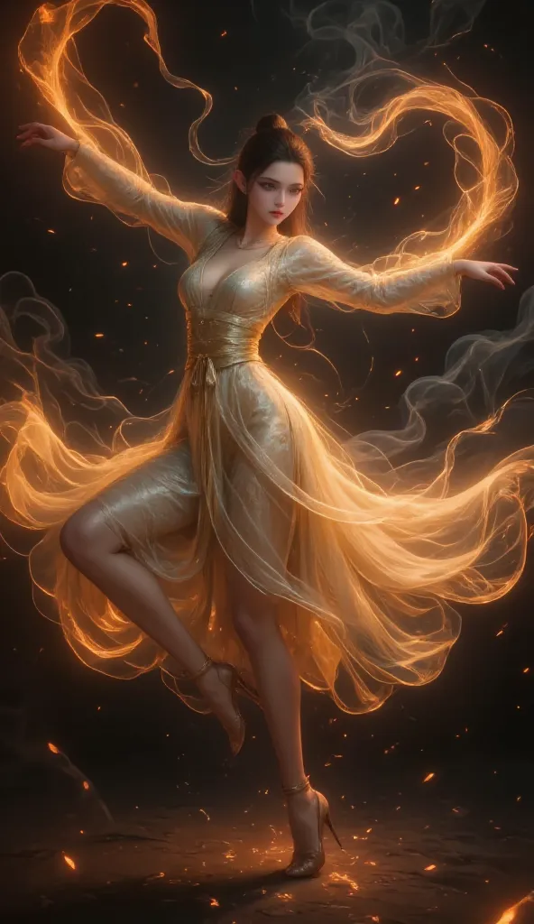 dancer, flowing silhouette, trails of fire, long exposure effect, dynamic movement, sparks, smoke, vibrant orange and red flames, black background for contrast