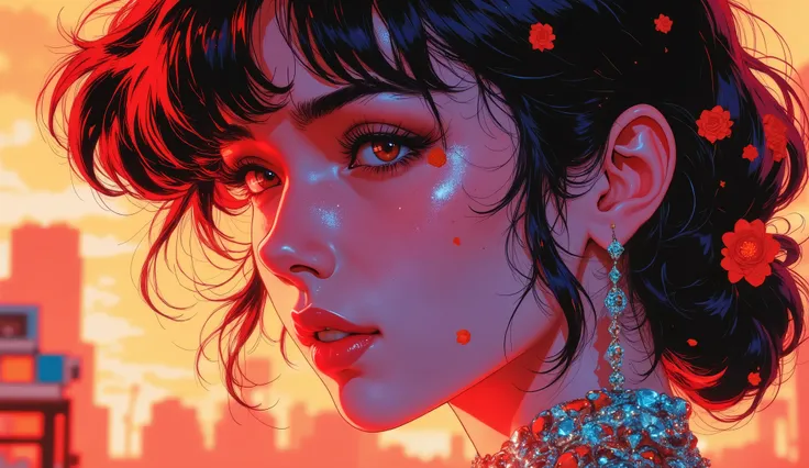 high quality, 8K ultra HD, Una hermosa MUJER DE NOCHE double exposure que combina una silueta de mujer con una diamantes, la rosa should serve as a backdrop, with its details incorporated into the woman , sharp lines, The background iS fuego, sharp foc...