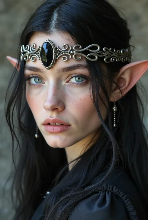 ( highly detailed )   A woman,At 39 years old white skin, sky blue eyes,  long black hair ,  pointed ears, a headband attached to your forehead the black aether stone the size of an adult's thumb in the center between the silver metal curls. -Eudora Neván 