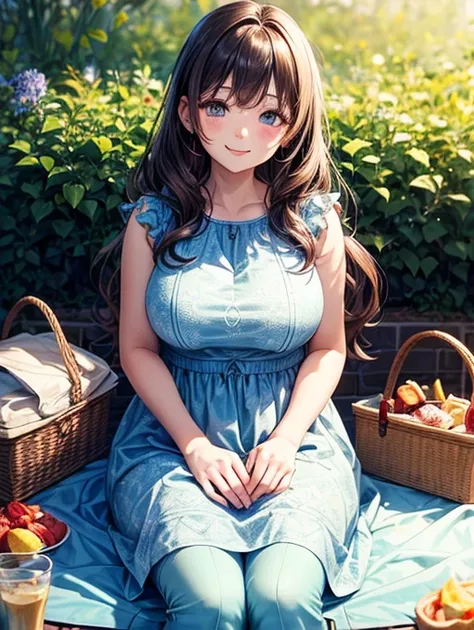 A short young woman with long wavy brown hair, has a little bit of a chubby figure, wearing short light blue flower patterned dress, is sitting on a picnic blanket, warm coy smile