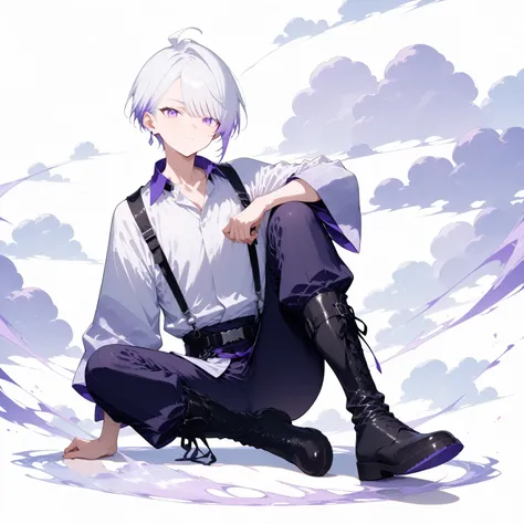 masterpiece, high score, great score, absurdres,
1boy, male focus, 20-yo, クモイエイテル, full body, slim,
striking white hair, side-parted, lilac highlights, purple eyes, single purple earring/ (left ear/),
japanese clothes,cloud pattern, light purple open-colla...