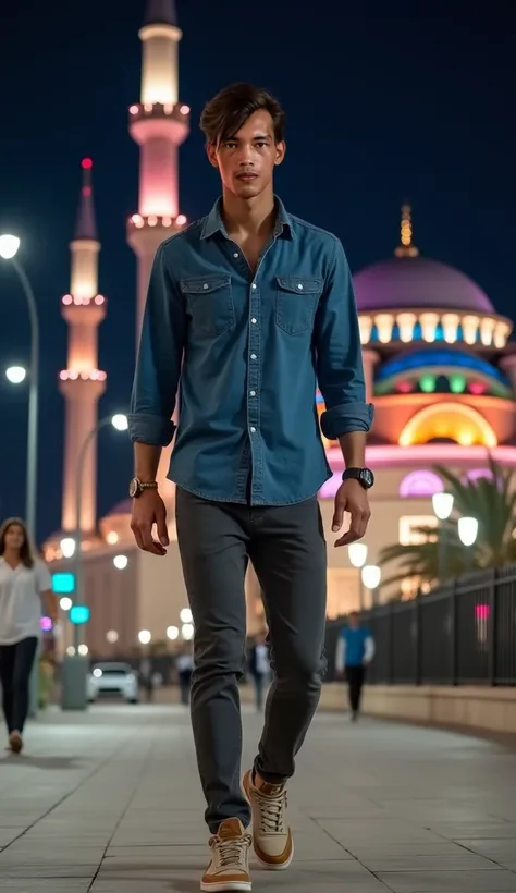 Full-length outdoor photo at night showing a full-length photo of a young man with tanned skin tone, facial details, skin texture, and straight hair styled with a side parting. ((wearing a long-sleeved button-down shirt in blue denim with light gray)), wea...