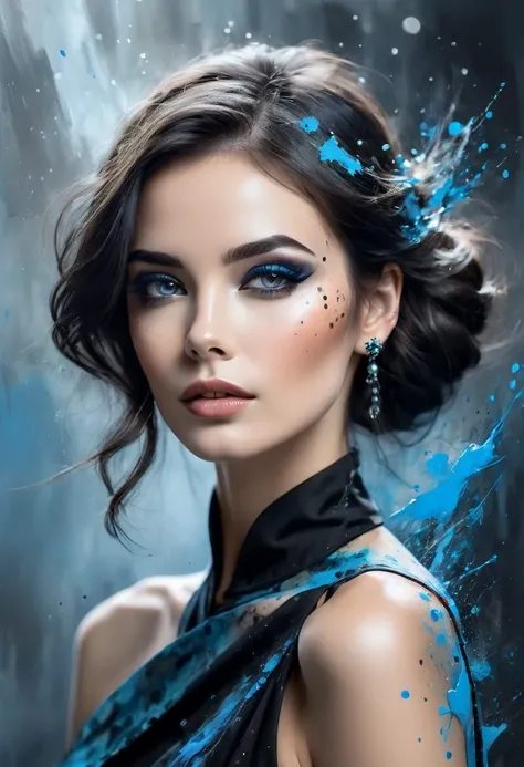 An exciting side portrait of a beautiful European woman with dark hair, with a perfect face, makeup. It wears elegant jewelry and black dress. Abstract splashes and spots contrast with its carefree realism. Soft lighting enhances its features, while thin b...