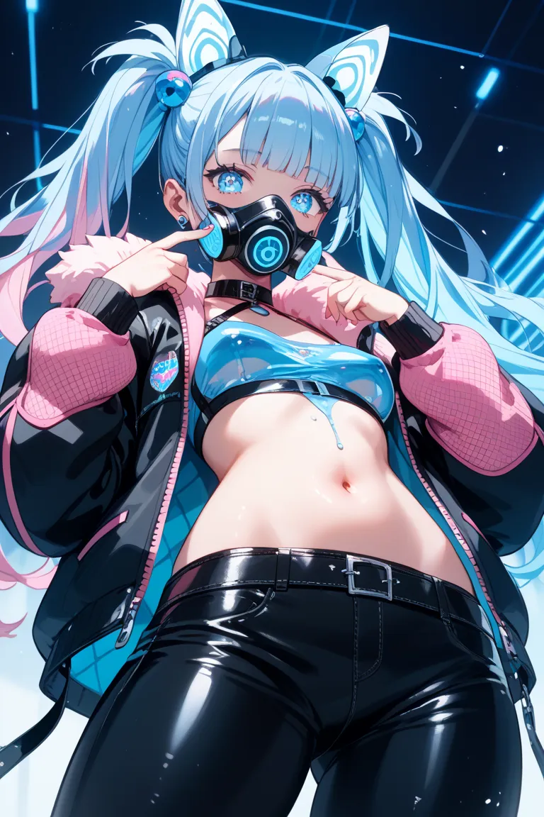 light blue fluorescent hair。pink mesh。twintails。A girl around 18 years old。light blue fluorescent eyes。 looking down from above。composition looking up from below。The facial expression is distorted。gas mask。The inner is made of shiny black leather。I'm stick...