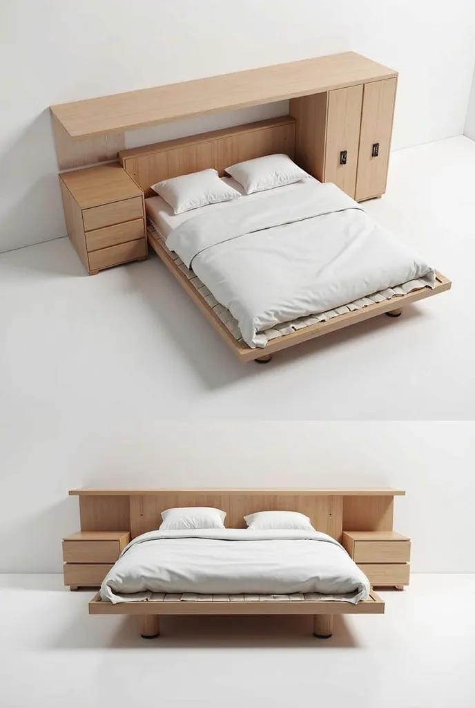 Bed with a large and small compartment, that can be folded to optimize spaces. It must be either a decent elegant bed or an architect's sketch
