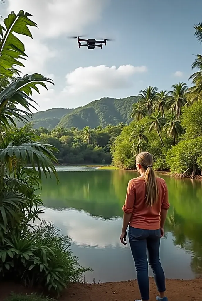 In the picture, a scene is shown in a tropical forest

In the upper left part of the image, a black drone with red and blue details is flying. It has four propellers and a front camera, , which suggests that he is recording or taking photographs of the env...