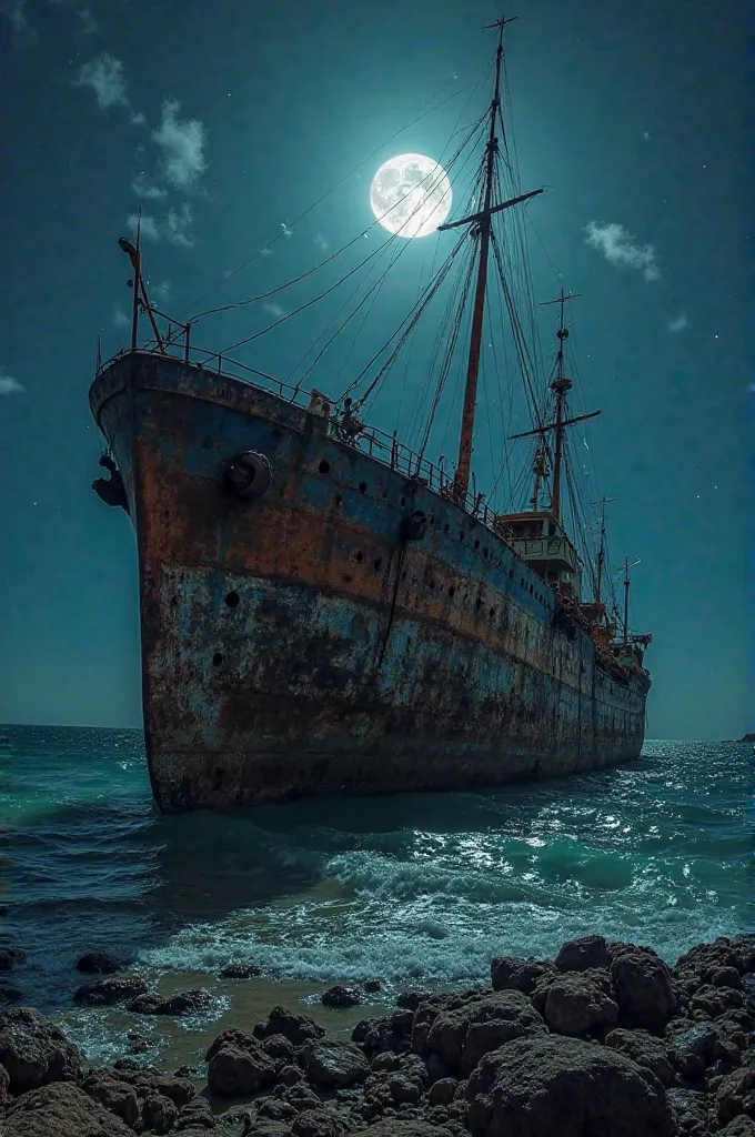 .masterpiece: an old, rusty, abandoned cargo ship stranded in the middle of a reef coast. spooky look. maximum detail. photo quality 64 mega pixels. night light with a full moon. bottom left shot. background: a reef beach with ship's belongings scattered a...