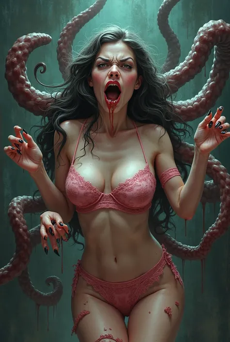 realistic cartoon woman getting attacked from behind by lots of tentacles, afraid, spit dripping from her mouth, panting, pink lacy ripped lingerie, the tentacles on her body