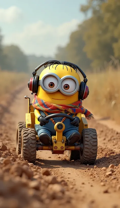 A cute MINION wearing a colorful scarf, sunglasses, and headphones is driving a bulldozer down a bumpy dirt road. The bulldozer's seat bounces up and down with every bump, and the MINION's little hands are gripping the steering wheel, turning it with focus...