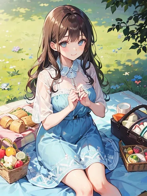 A short young woman with long wavy brown hair, has a little bit of a chubby figure, wearing short light blue flower patterned dress, is sitting on a picnic blanket, warm coy smile