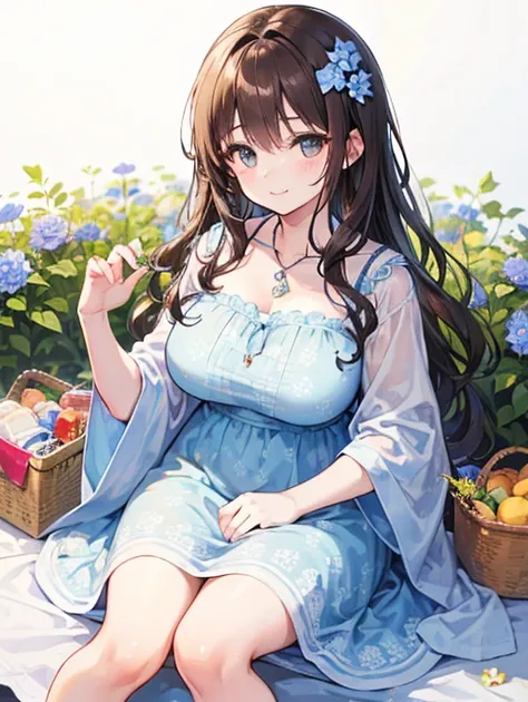 A short young woman with long wavy brown hair, has a little bit of a chubby figure, wearing short light blue flower patterned dress, is sitting on a picnic blanket, warm coy smile