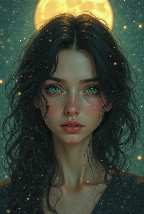 Woman with a round face, black hair and green eyes with full moon