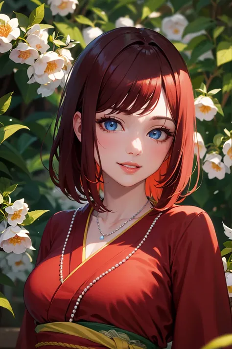  Medium Hair, blue eyes, drawstring necklace with a pearl pendant, red hair,  smile, kimono dress, red shirt, big breasts,  pregnant belly 