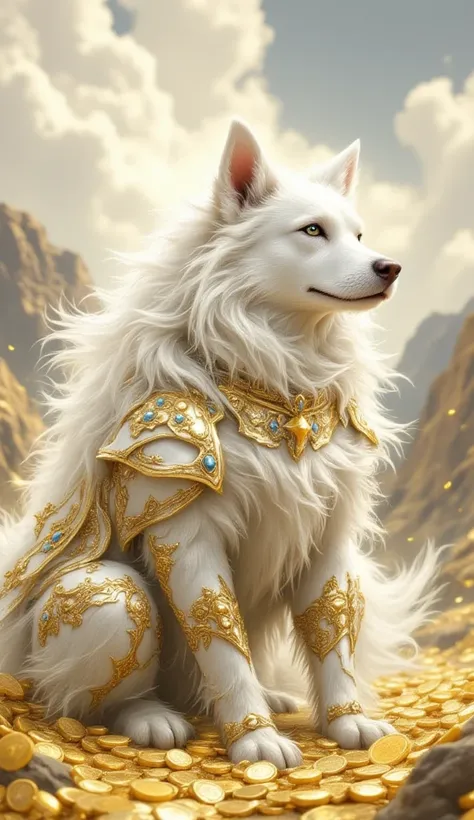 (best illumination, best shadow, masterpiece, best quality),  white  king dogmajestic, intimidating, powerful, epic, royal armor of white and gold with intricate details, clean lines, perfect illustration,The surrounding scenery is golden mountains, lots o...