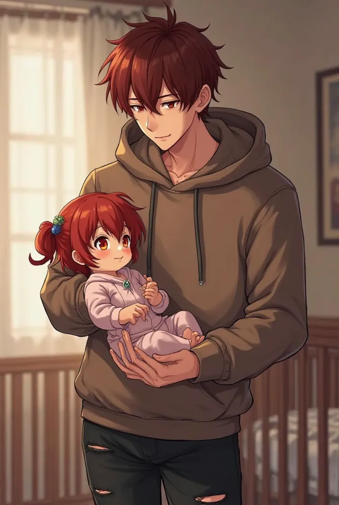 Make a brown-haired father in anime, Tall and red eyes,  with a neutral expression , wearing brown sweatshirt and ripped black pants. Caring for your baby daughter who has blood red hair who wears coquette style clothing in front of her crib 