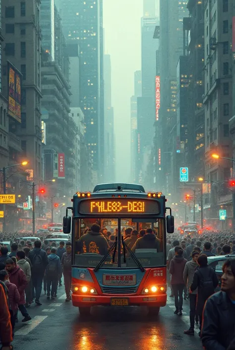 Crowded bus ,traffic jam,air pollution ,crowded city,color light system inculding those part and create city