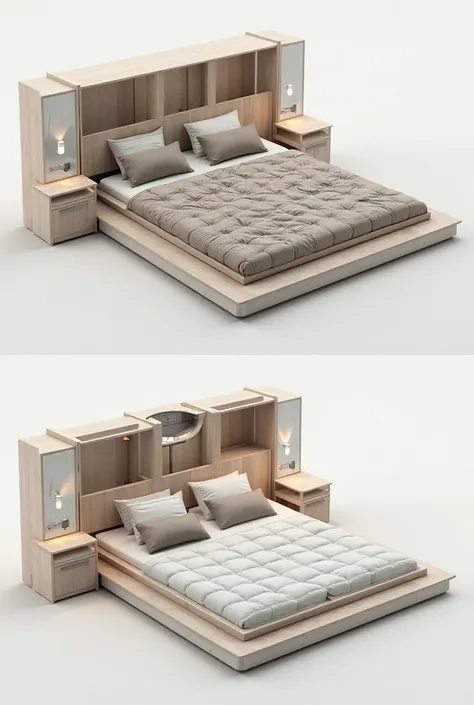 Bed with a large and small compartment, that can be folded to optimize spaces. It must be either a decent elegant bed or an architect's sketch
