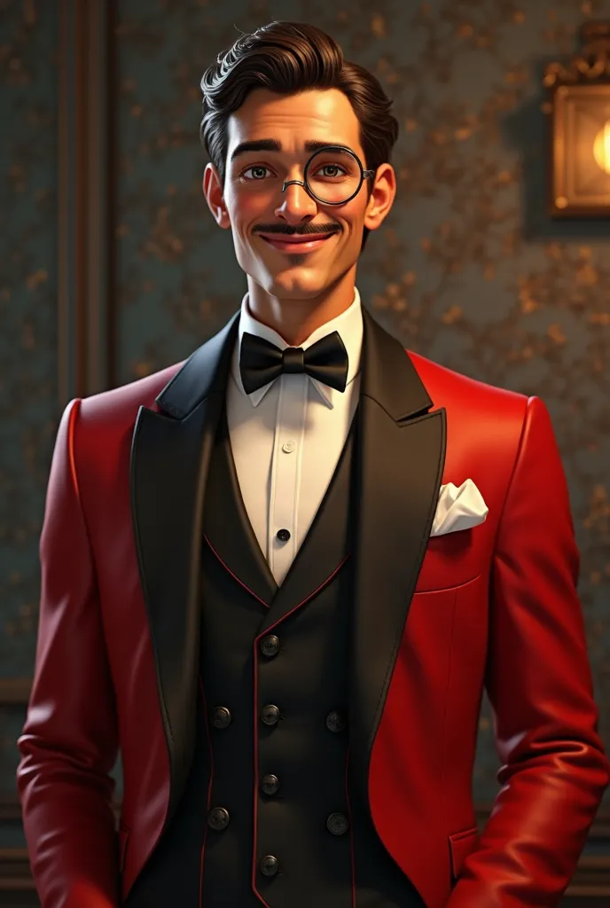 A tall handsome light skinned mixed creole man from the 1920s with a brown thin pencil mustache and short curly brown hair wearing a Monocle in a red and black suit with a charming smile 