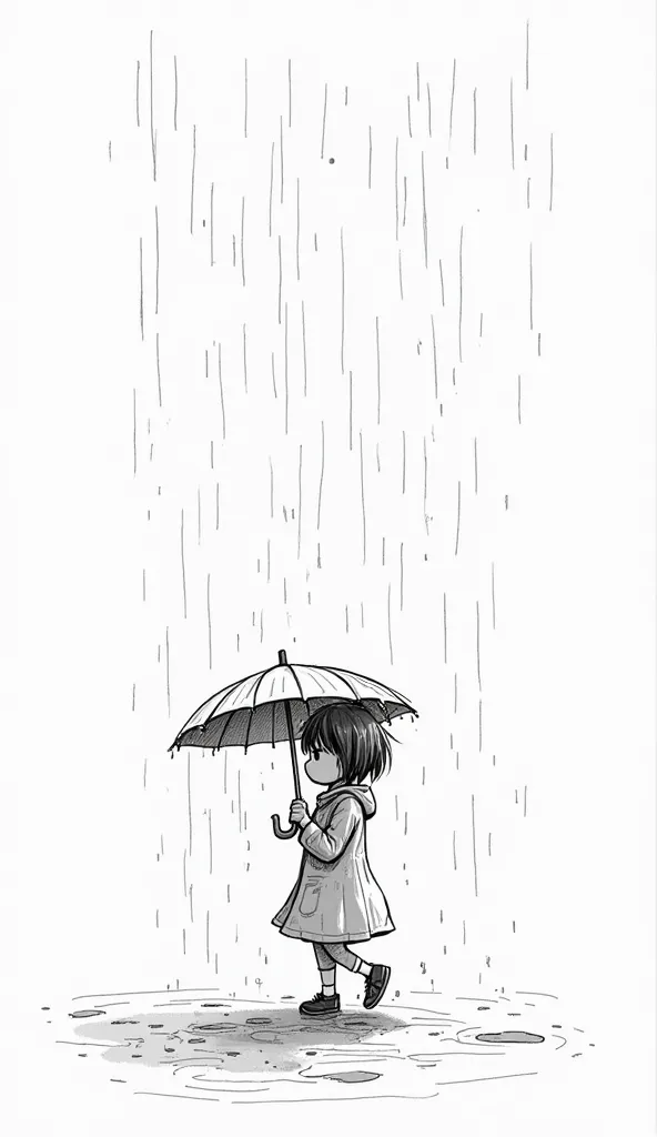 A black and white doodle drawing of a girl walking alone in the rain. She holds a tiny, broken umbrella that barely covers her, with raindrops falling around. Her clothes look damp, and she appears a little sad. The sketch is simple, with minimal backgroun...