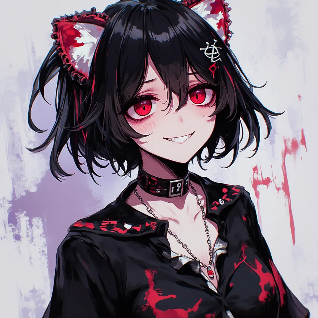 Girl with short black hair going a little bit in an outward direction, Wearing an idol costume,Not much of a downpour, skunk tail, anime style ,that has been written "Anarchy Stonks",That he's smiling macabrely, Let the image focus on your face