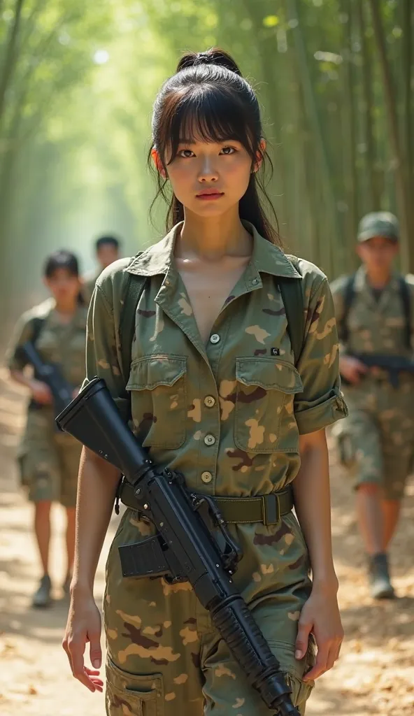 A hyper-realistic Japanese woman in her early 20s, with a petite and slender build (bust 70 cm and underbust 90 cm), wearing a lightweight camouflage shirt with all buttons undone, exposing her collarbone and a noticeable portion of her chest, reflecting t...