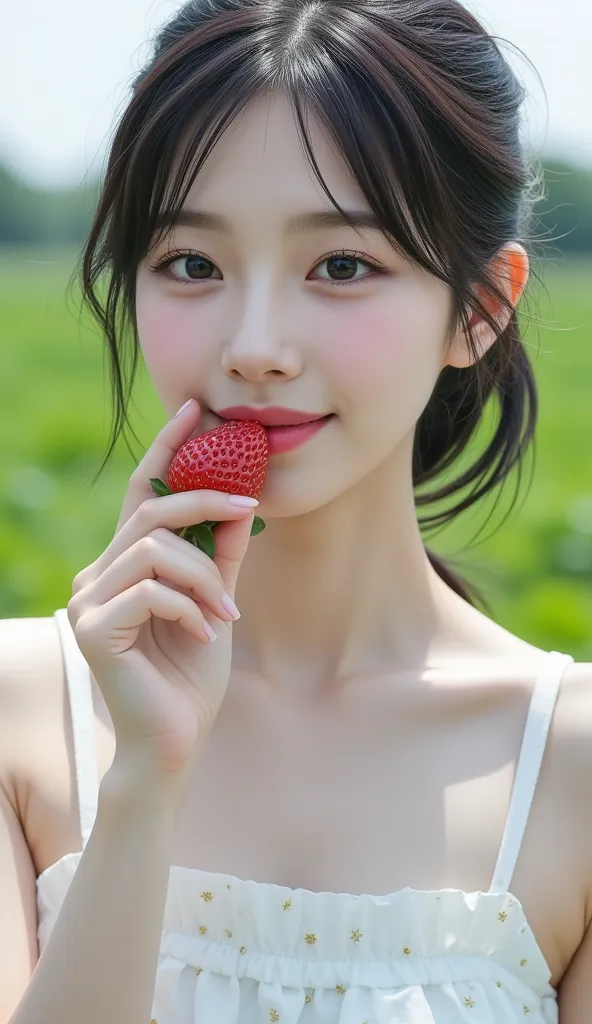 (Profile of a super cute busty Korean female announcer when she kisses harvested strawberries:1.2)(Grinning,smile:1.1)(Beautiful Sweat:1.1)(16k,  RAW photos ,  top quality, masterpiece: 1.2),( cute ponytail with glossy black hair )  Super Detail,  Super Re...