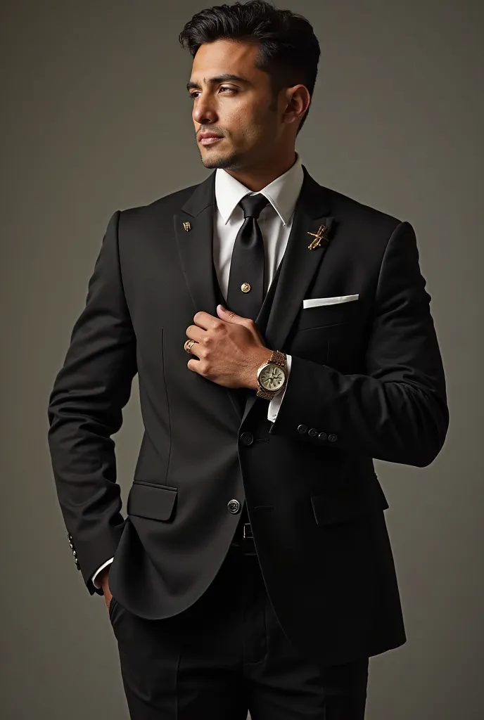 With elegant black suit and gold accessories 