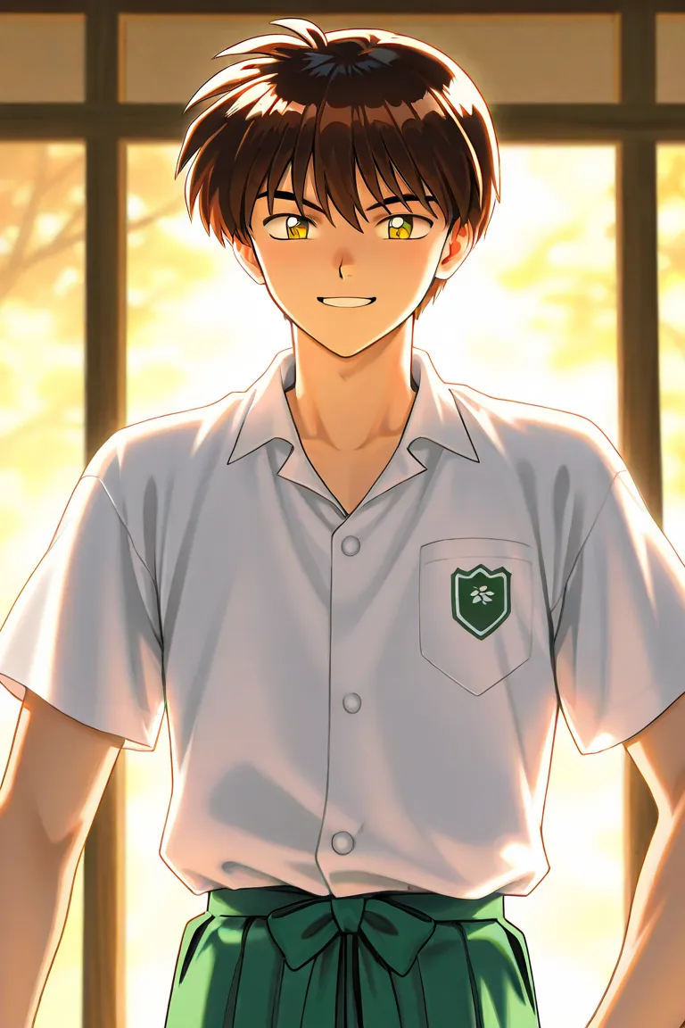 One boy. A tall handsome 18 years old boy with brown short hair, light cold golden eyes, wearing blue school uniform. The boy is confident. Smiling. Inuyasha manga art style. 