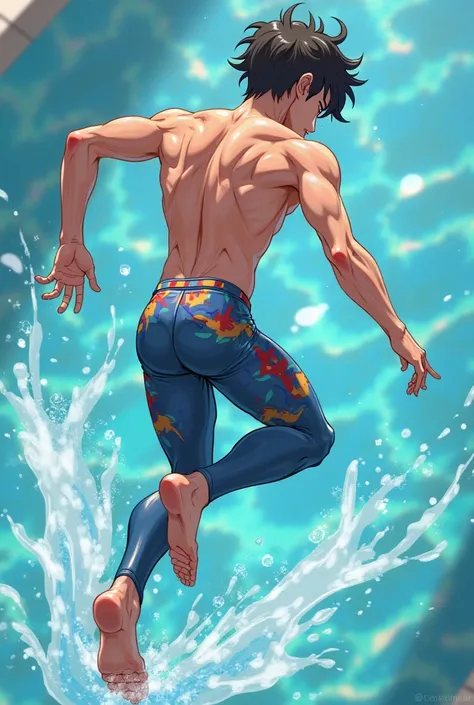 Anime boy wearing skin-tight swimming trunks with leggings that reach the knees