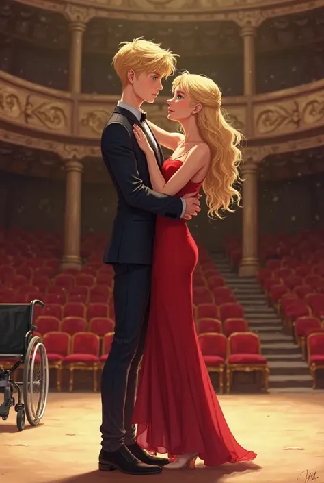 an 18-year-old boy with blonde hair and green eyes, and a 23-year-old girl with blonde hair and blue eyes. The boy is wearing a suit and the girl is wearing a red gown. They are on a stage in the Palais Garnier. The girl is paralyzed and the boy is helping...