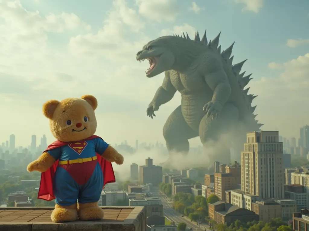 (((butterbearv1))), (((teddy bear))), a wide cinematic shot of a fluffy teddy bear mascot named Noey, dressed in a Superman costume, The bear is standing on the top of the tall building. Then the big terrified godzilla monster from the outer space floating...