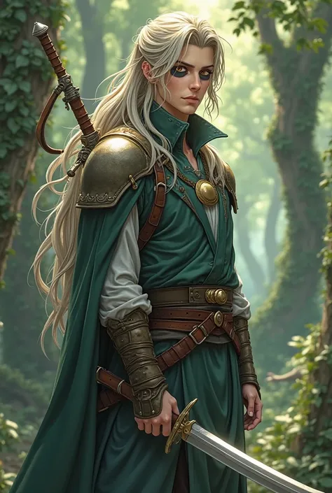  A mystical warrior with long hair ,   disheveled ash blonde hair  , amber eyes ,  He wore a leather patch over his left eye .,  He wears green leather clothing  , white,   Navy blue and brown    ,   a cape complemented by a leather harness surrounding his...