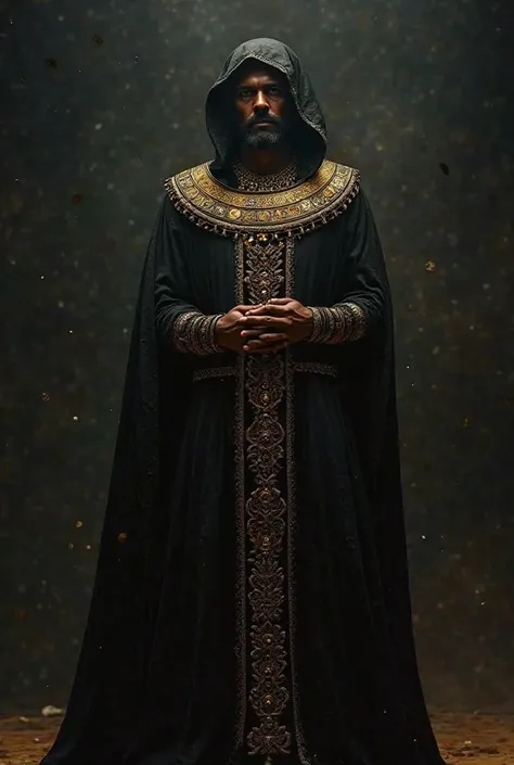 is a tall man standing steadily in the midst of darkness. His aura radiates an undeniable splendor. wearing a luxurious black dress decorated with intertwined gold threads, as if drawing a drawing An ancient. is his heavy cloak flows around him like the sh...